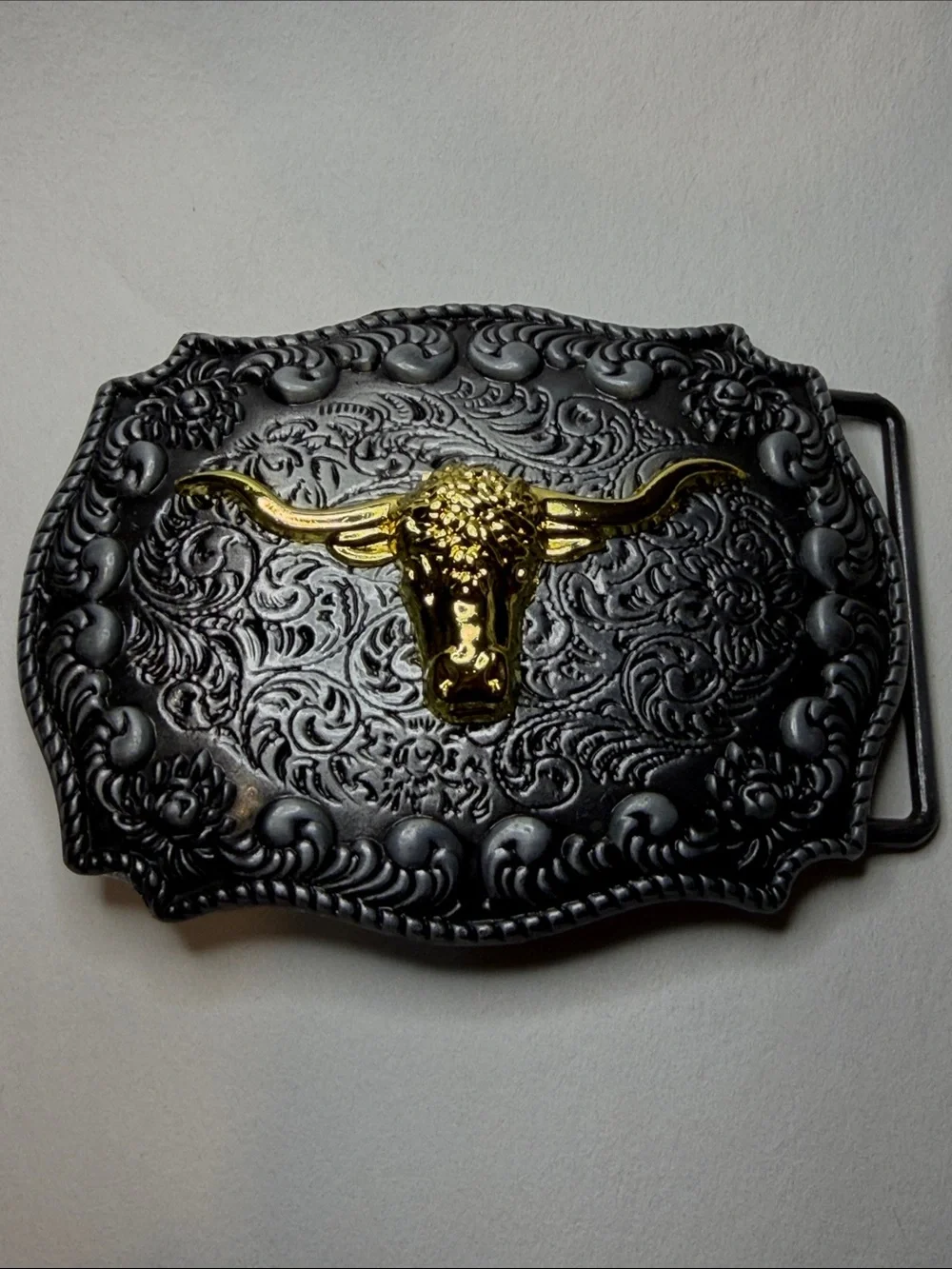 Western Men's Black Belt Buckle with Gold Longhorn Accent - Picture 2 of 7